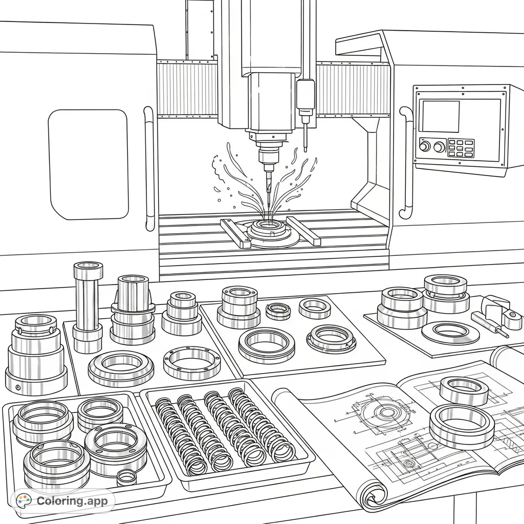 An intricate industrial workshop scene featuring a large CNC machine shaping mechanical seals, surrounded by detailed parts and technical blueprints.