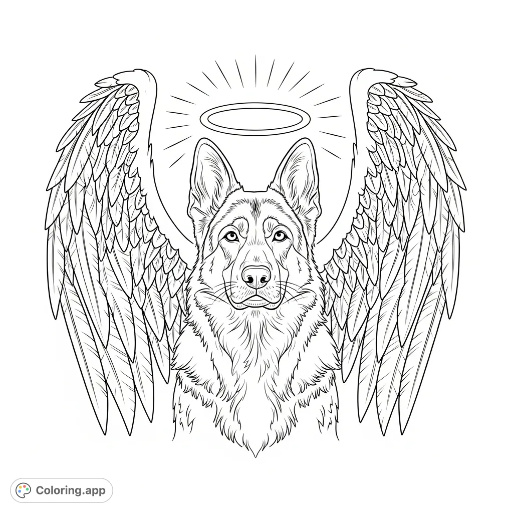 A noble German Shepherd with magnificent angel wings and a halo, facing forward. Perfect for pet lovers and those seeking a majestic animal coloring page.