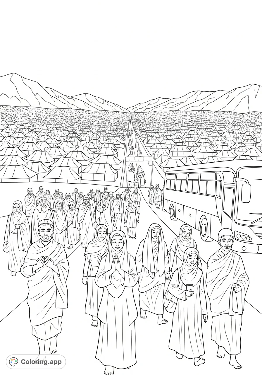 An Islamic Hajj coloring page showing pilgrims in Ihram clothing traveling to Mina valley, filled with tents and mountains, symbolizing unity and devotion.