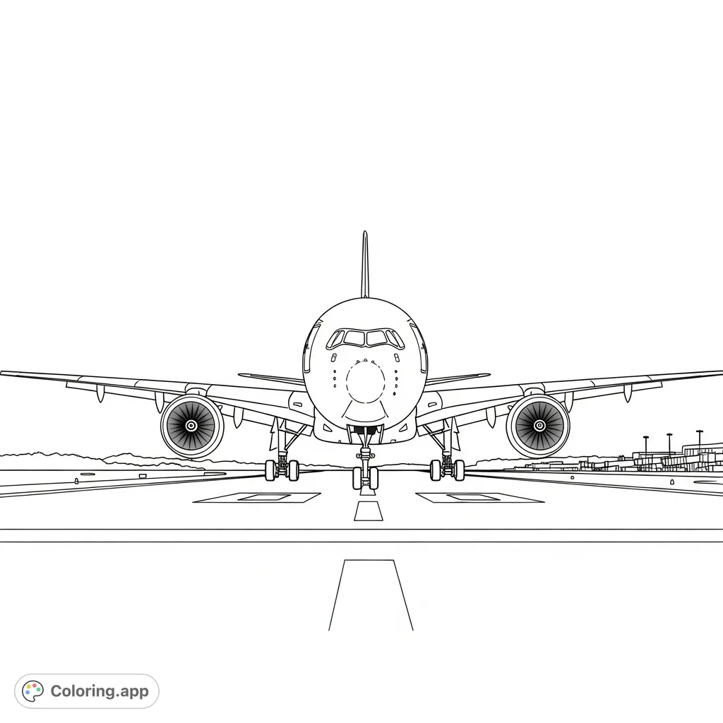 Color a detailed A350-1000 airliner plane on an airport runway, landing gear down, under a clear sky. A captivating vehicle coloring page.