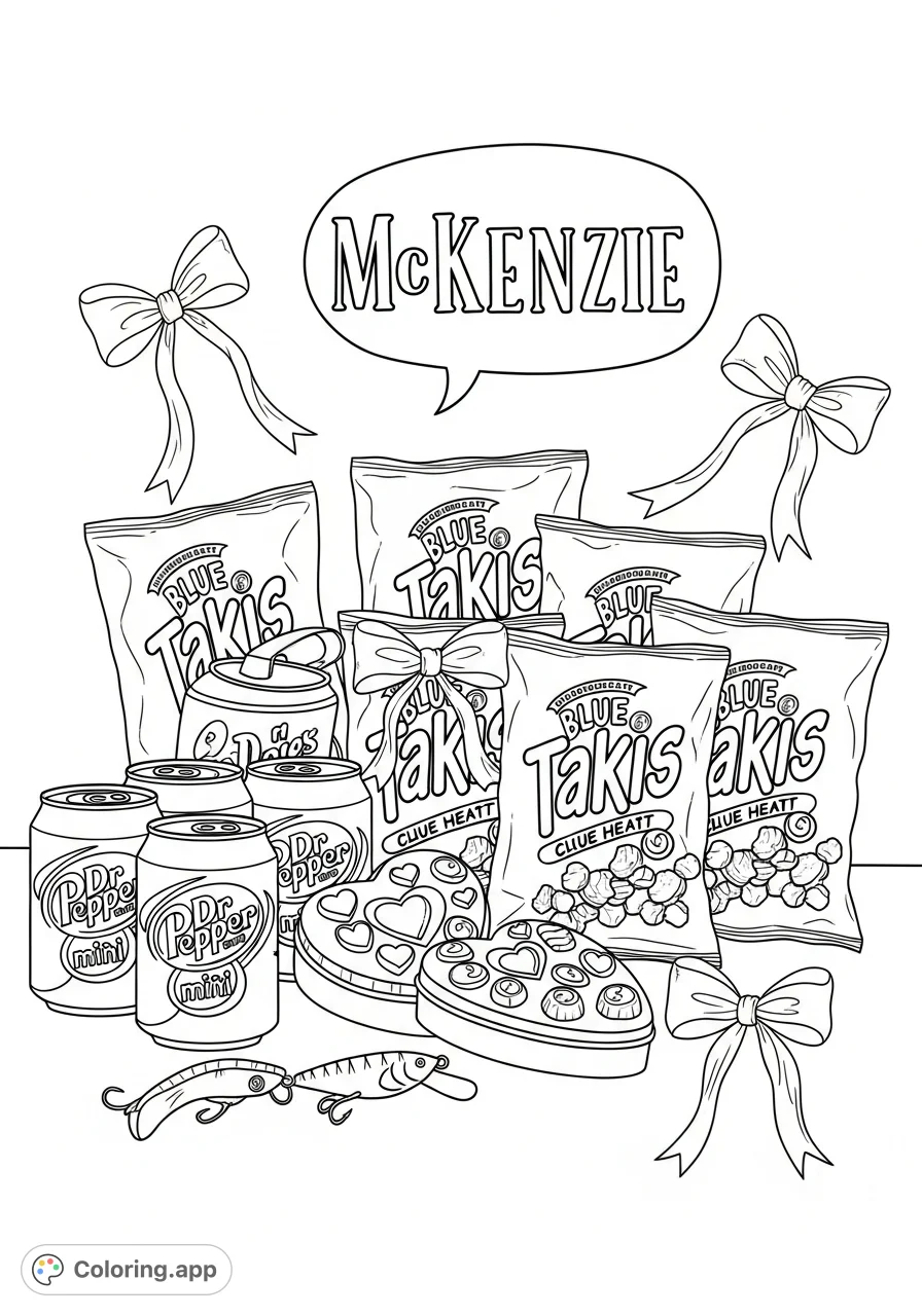 A charming still life featuring Dr Pepper mini cans, Blue Heat Takis, romance/fishing items, and bows, with a 'McKenzie' text bubble. A fun, unique coloring page!