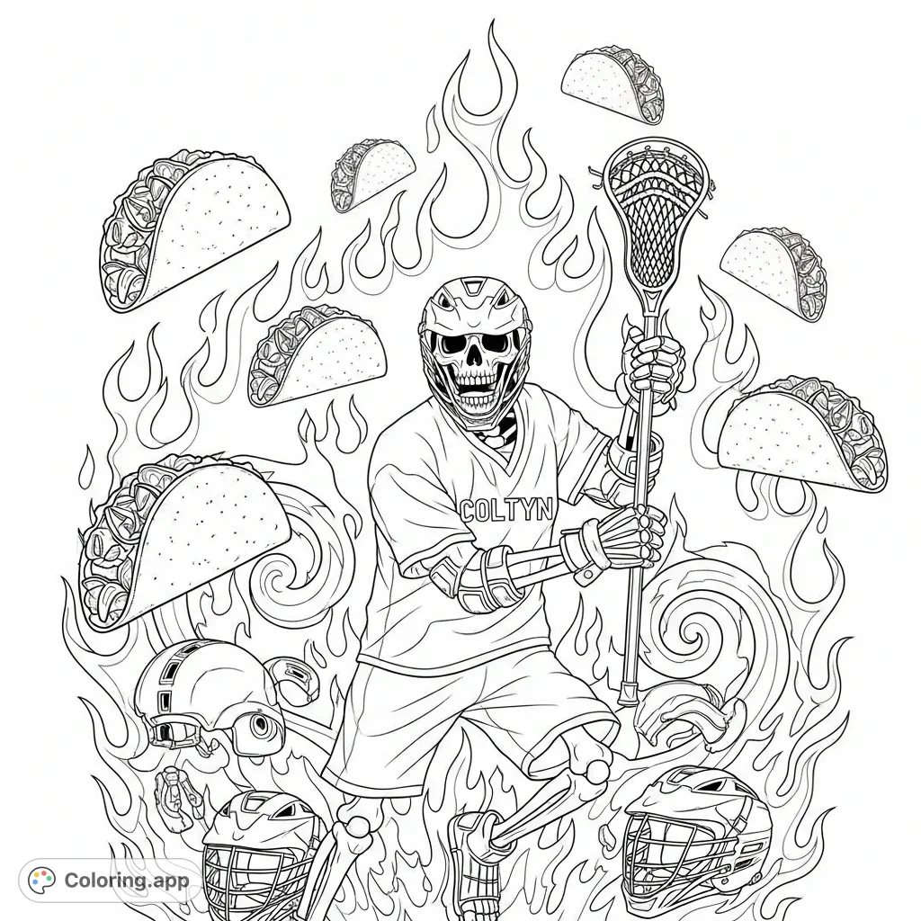 Unleash your creativity with Coltyn, a skeleton lacrosse player amidst swirling flames and floating tacos. A dynamic, detailed coloring challenge!
