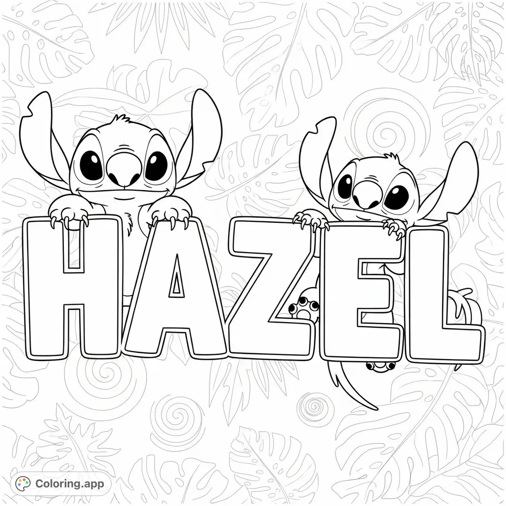 Color this delightful page featuring the bold name "Hazel" and the mischievous Stitch character interacting joyfully. A fun, personalized coloring activity!
