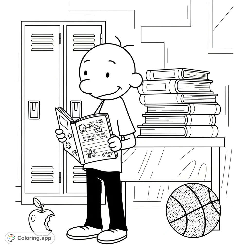 Dive into Greg Heffley's world with this fun Diary of a Wimpy Kid styled coloring page! Features Greg, his journal, and iconic school items.