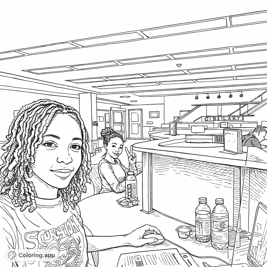 Capture a lively study break scene with two friends, intricate hair textures, and a detailed library background. Perfect for creative colorists!
