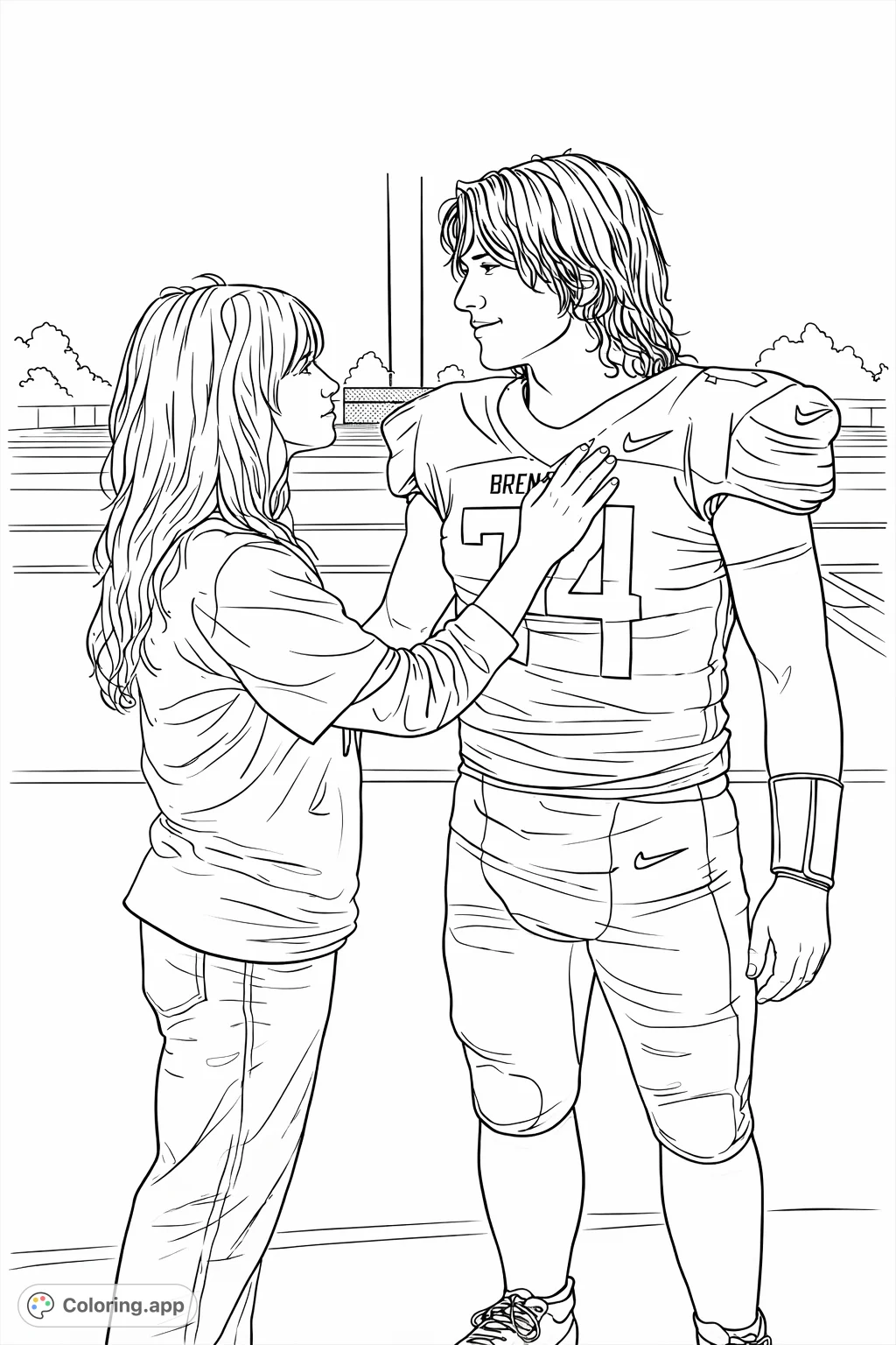 Capture a tender moment on the football field with this couple's embrace. Perfect for romantic or sports fans, celebrating connection and dedication.