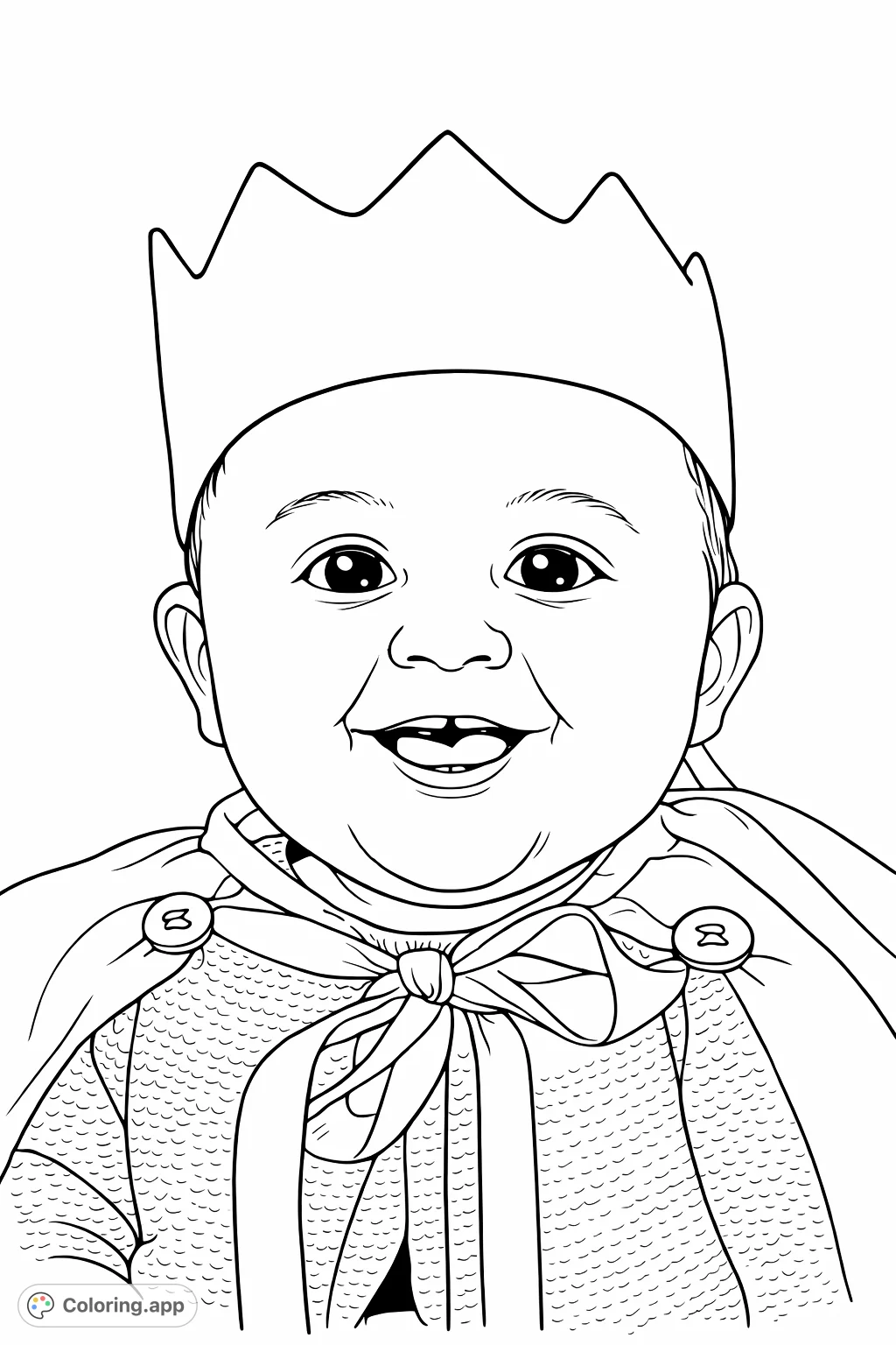 Capture the charm of a little royal in a crown and cape. This adorable baby coloring page features a joyful infant ready for imaginative adventures.