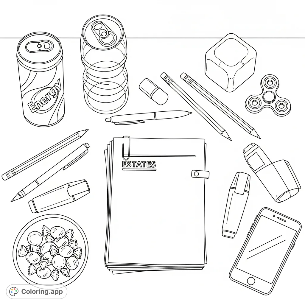 Explore a detailed teacher's desk with essays, drinks, writing tools, and treats from a top-down perspective. Perfect for a relaxing coloring experience.