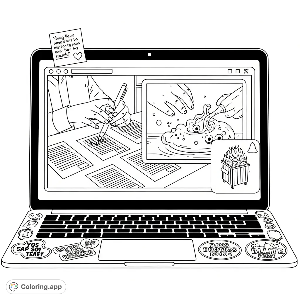 Explore a detailed laptop screen scene featuring a teacher grading essays, a slime mixing video, a comical 'dumpster on fire' notification, and personalized stickers.