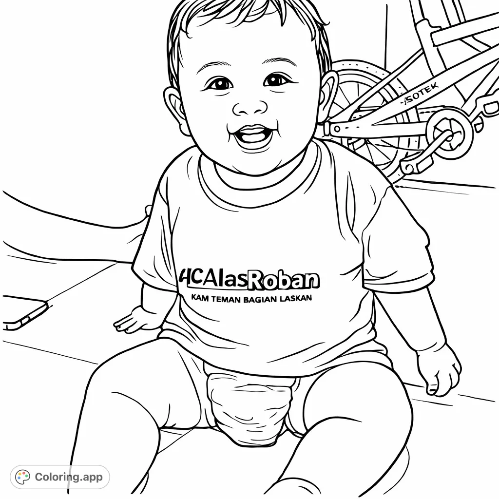 Capture the joy of a smiling baby sitting on the floor, ready for delightful coloring. A charming scene for any age to bring to life.