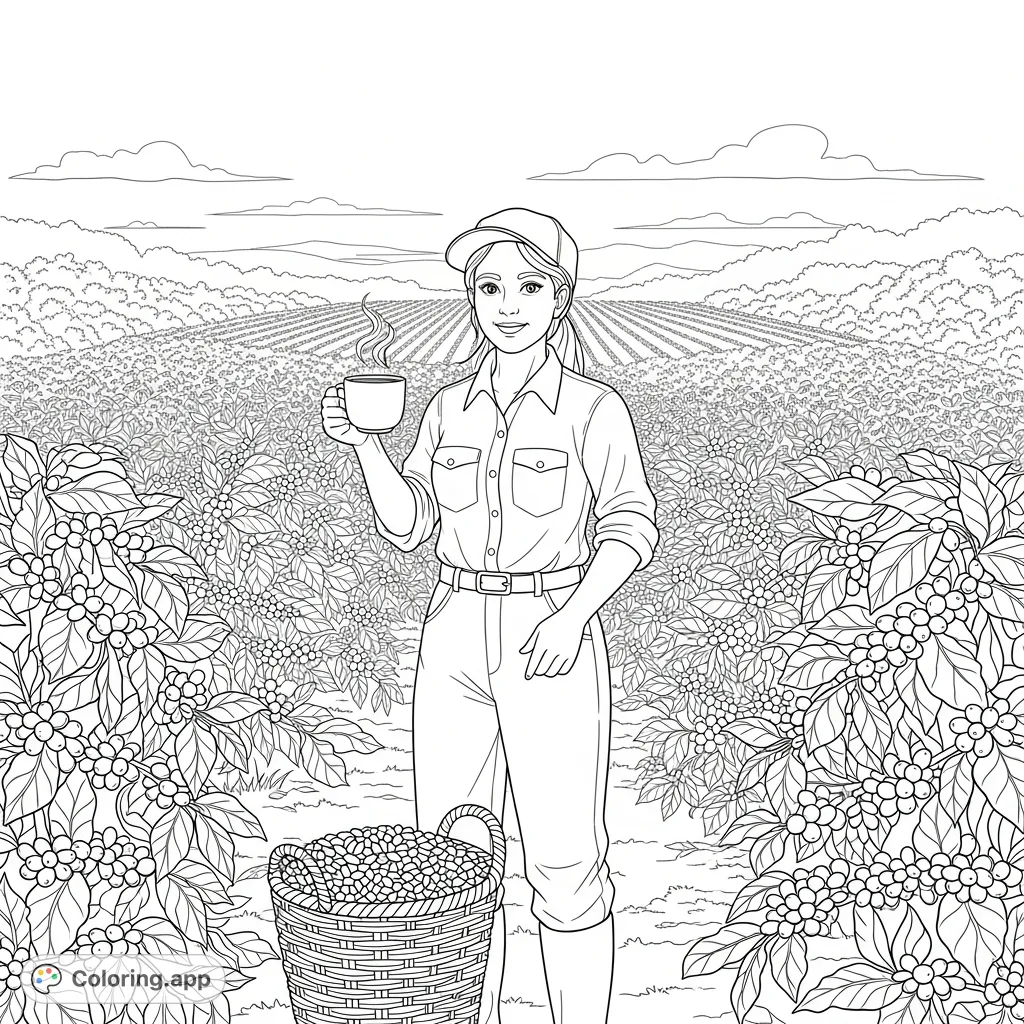 A proud female farmer holds her prized coffee cup amidst lush coffee plants, with a basket of fresh beans at her feet. A beautiful scene celebrating agriculture.