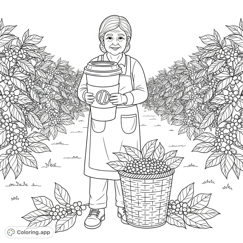 A heartwarming free printable grandma farmer coloring page featuring a cheerful elder holding a giant coffee cup in her flourishing coffee field, a basket of beans at her feet.
