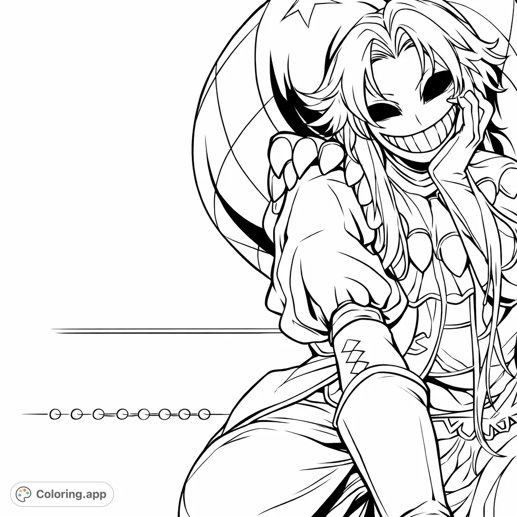 Dive into the whimsical world of this enigmatic jester character coloring page, featuring a wide grin, elaborate costume, and intricate patterns for creative fun.