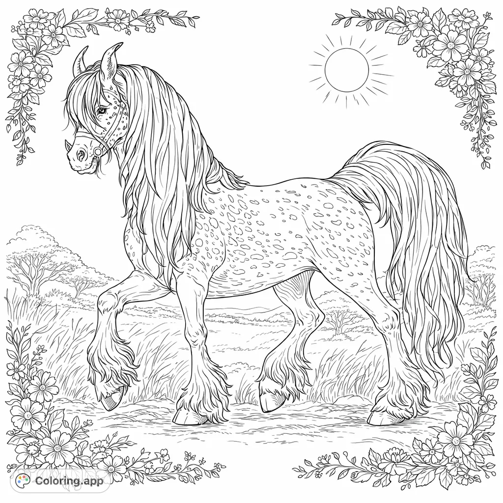 A striking horned creature with a flowing mane stands majestically in a detailed grassy field, perfect for a teen storybook illustration coloring adventure.