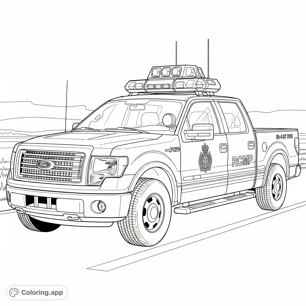 Color a detailed Ford F-150 RCMP truck, featuring its iconic emergency light bar, distinctive emblems, and rugged design on a paved road.