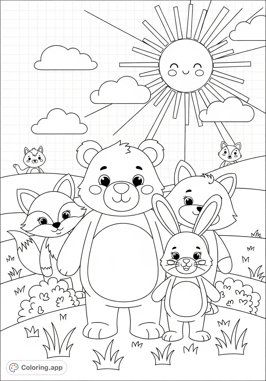 A delightful free printable cute animals coloring page featuring a bear, bunny, and fox in a simple meadow scene, perfect for young artists to enjoy.