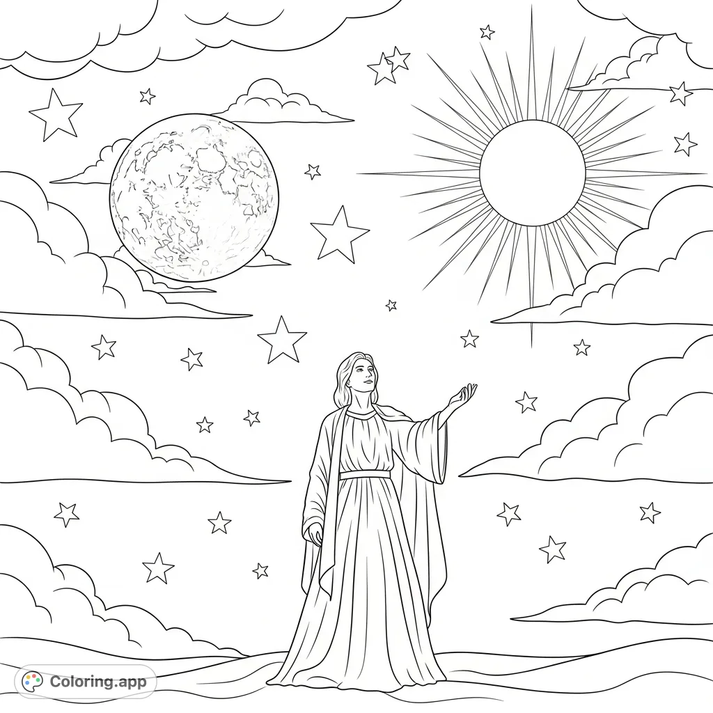 An inspiring figure beneath a sky filled with stars, moon, sun, and clouds. A celestial leadership coloring page for mindful creativity.