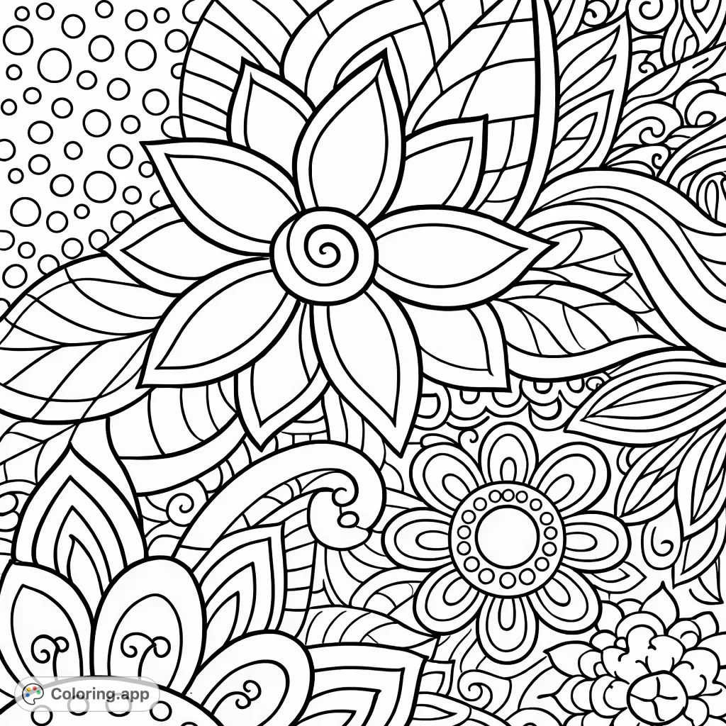 Dive into a captivating world of intricate floral designs. This detailed coloring page features beautiful blooms, leaves, and abstract patterns for a relaxing artistic escape.