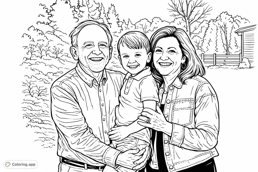 A heartwarming family coloring page featuring smiling grandparents embracing their grandson outdoors. Perfect for all ages to celebrate family bonds.