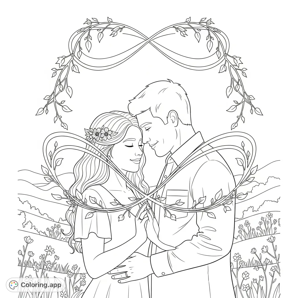 Celebrate everlasting love with this Brittany and Chris coloring page featuring a couple in a gentle embrace framed by an elegant infinity symbol and floral accents.