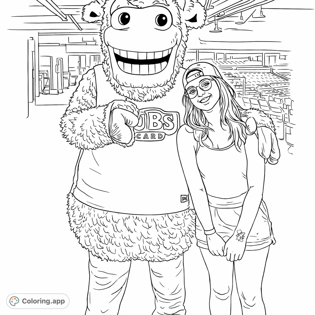 Meet a cheerful stadium mascot and a smiling fan. This fun scene captures a memorable moment, perfect for anyone who loves sports and character encounters.