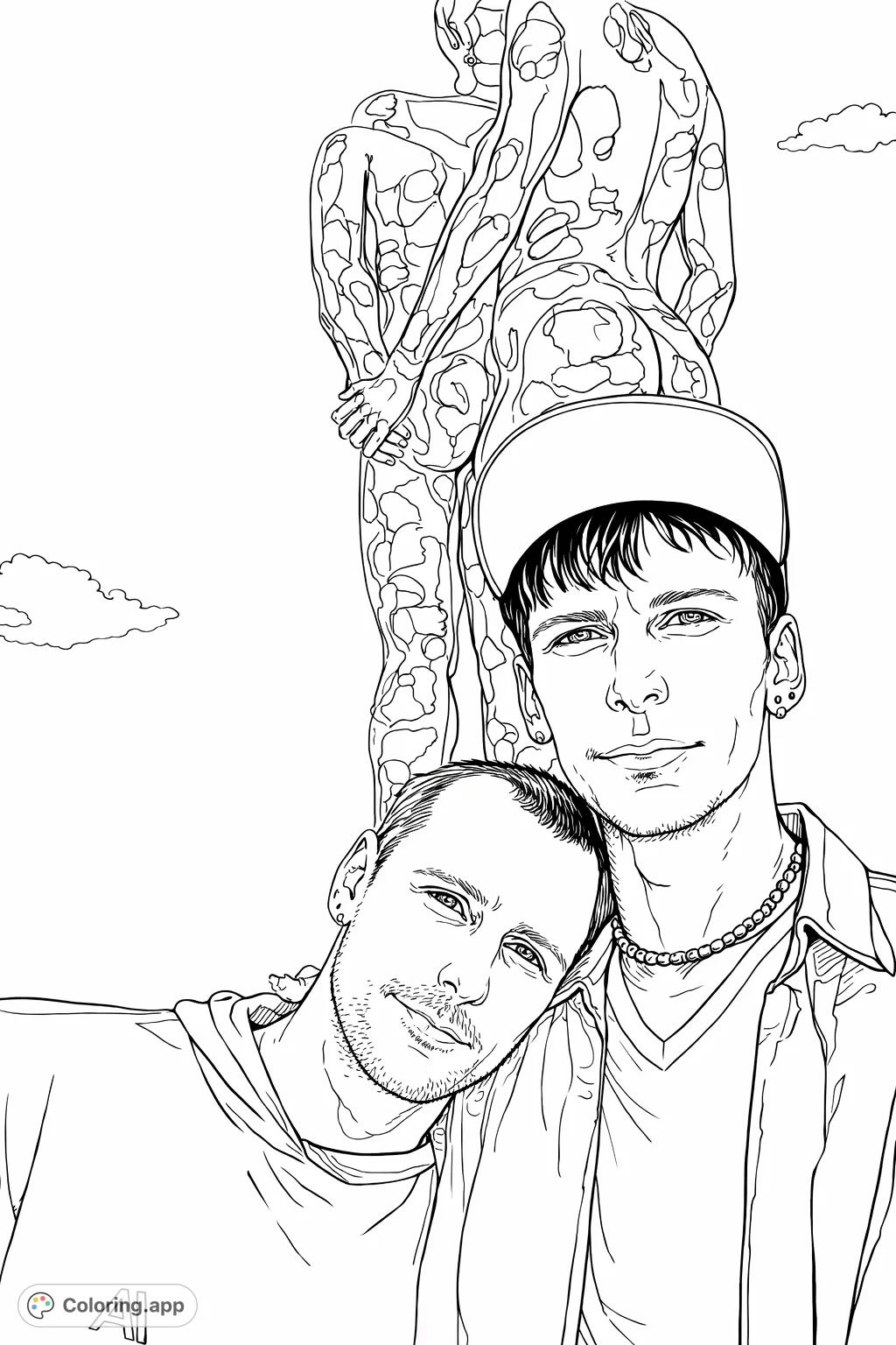 Capture a unique bond against an abstract sculpture backdrop. This modern art coloring page features two individuals in a thoughtful pose, perfect for artistic expression.