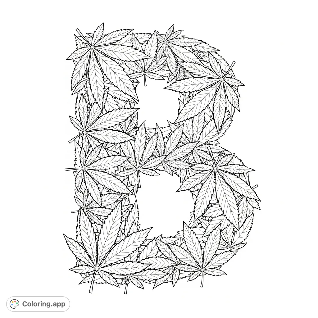 A unique capital letter B formed by intertwining cannabis leaves, perfect for adult colorists seeking a distinct and intricate design. Explore your creativity.