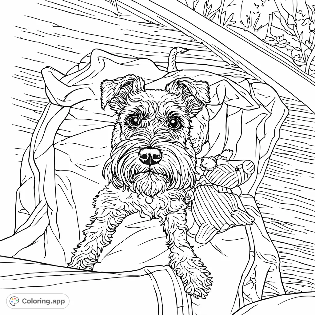 An adorable, shaggy-haired dog with its plush toy, relaxing on a striped blanket. A charming scene perfect for pet lovers and a delightful coloring experience.