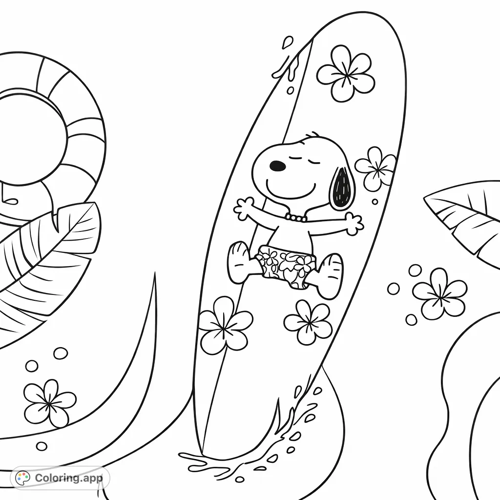 A playful cartoon character enjoys a relaxing surf on a flowery board, surrounded by splashing water and tropical elements. Perfect for summer fun!