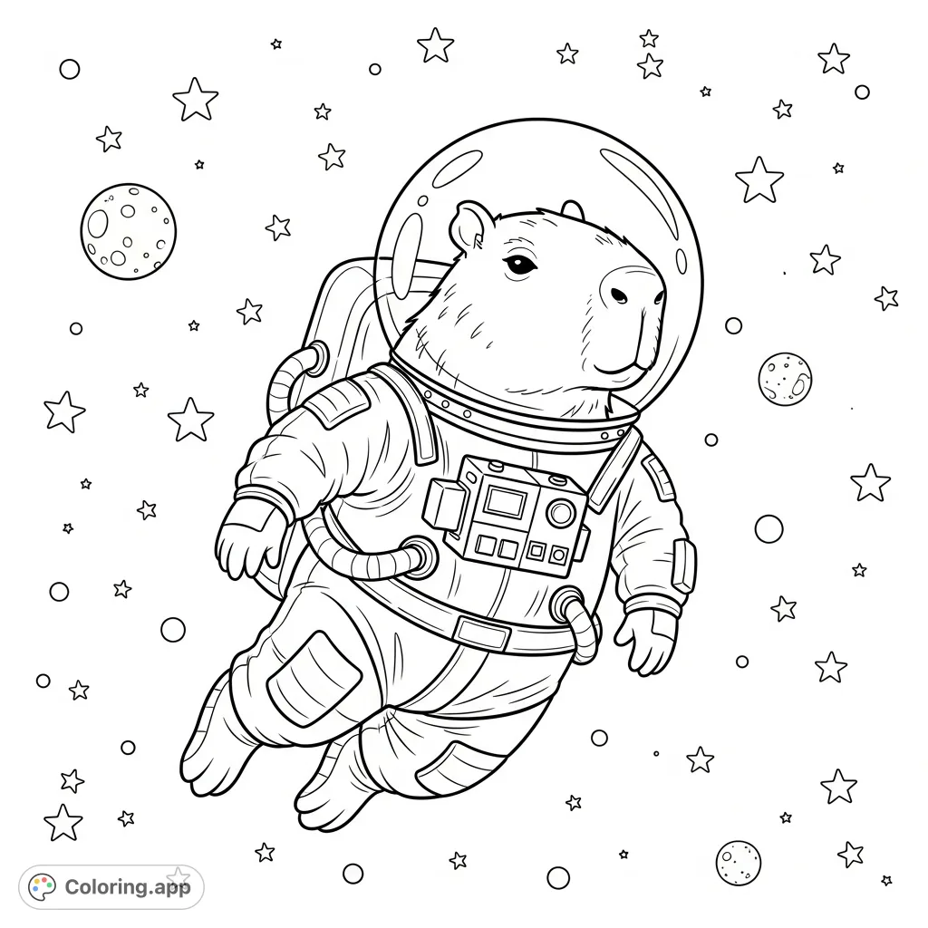 A charming capybara astronaut floats among stars and planets, donning a space suit and helmet. A delightful cosmic adventure free printable coloring page for kids.