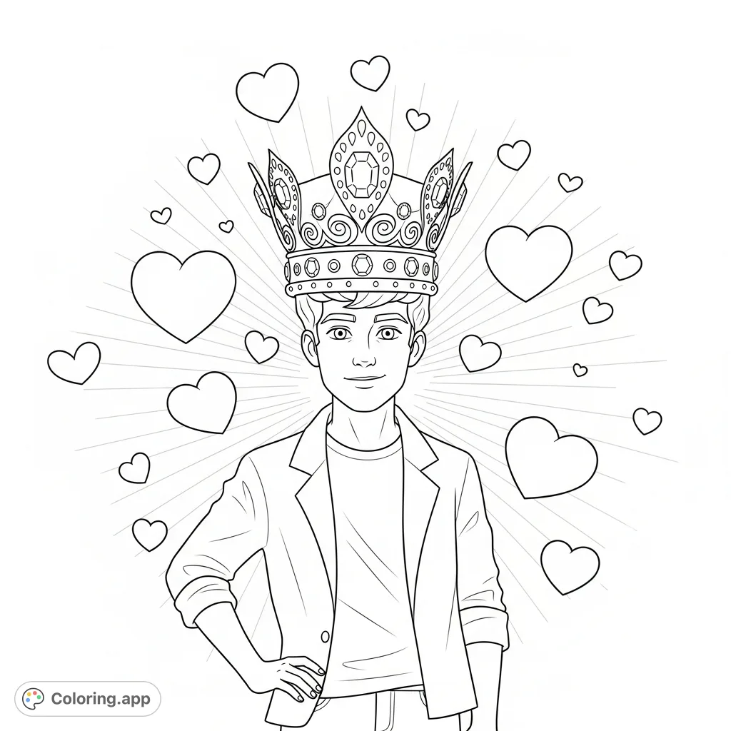 A charming Derrick, wearing a detailed crown, surrounded by an abundance of floating hearts. A regal and joyful design perfect for any celebration, full of personality.
