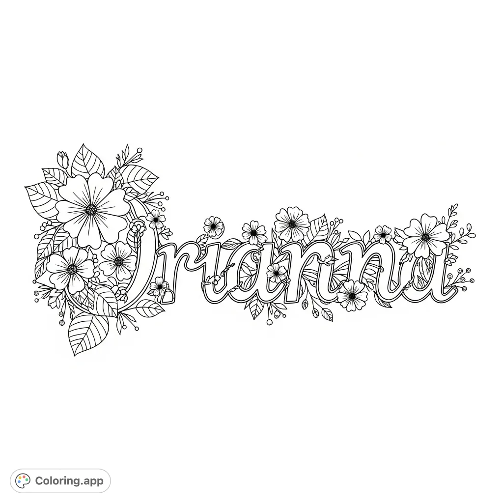 Discover a beautiful "Orianna" floral lettering coloring page. Intricate blossoms, leaves, and vines form each letter, offering a delightful botanical challenge.