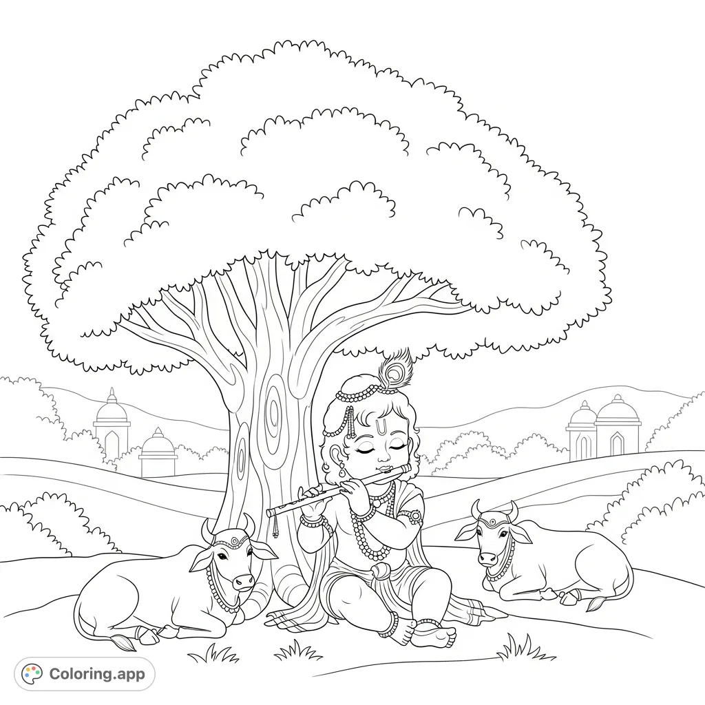 A charming free printable coloring page featuring baby Krishna playing his flute under a grand tree with peaceful cows in a serene Vrindavan landscape.