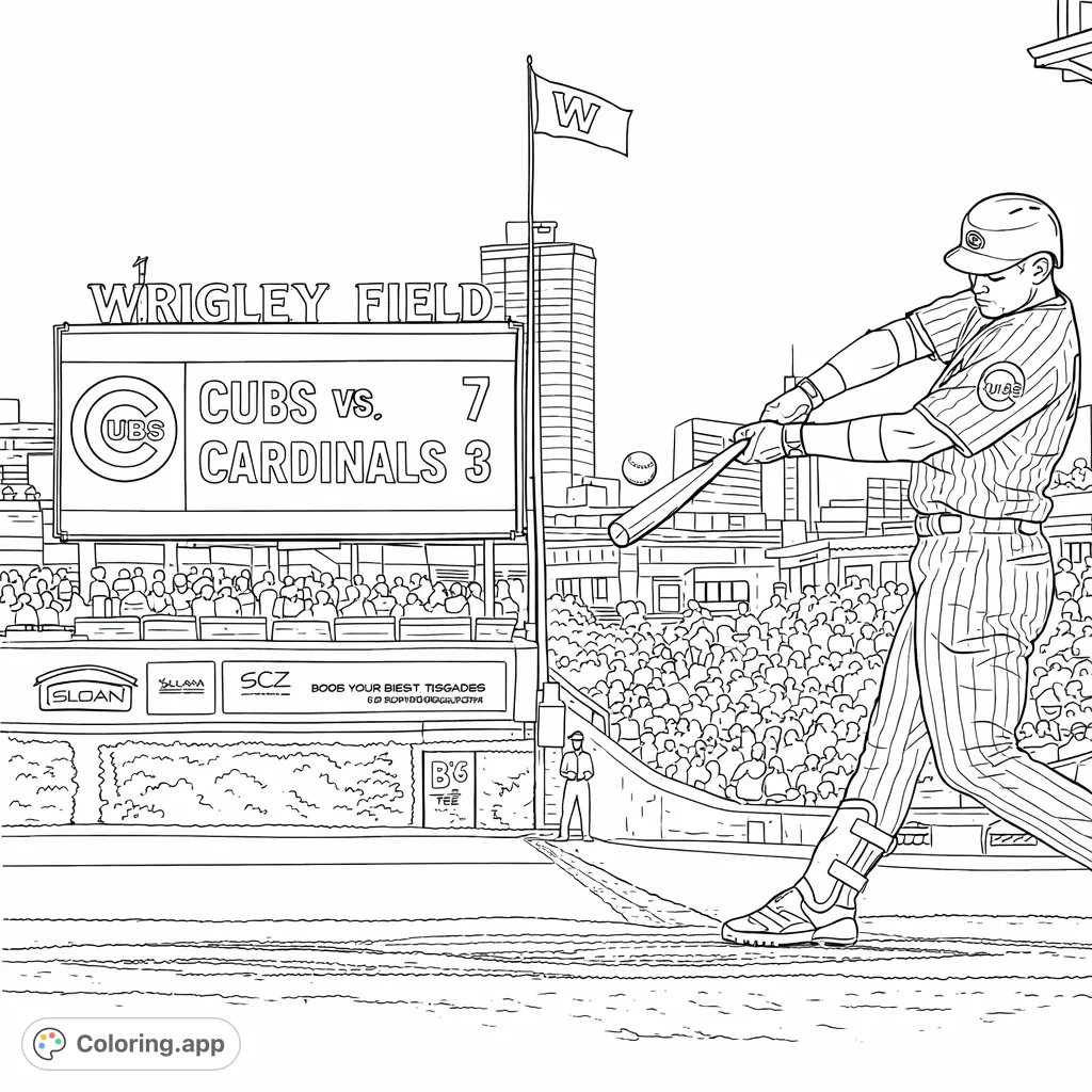 Experience the thrill of a baseball game with this detailed coloring page featuring a player at bat, an iconic stadium, and cheering crowds.
