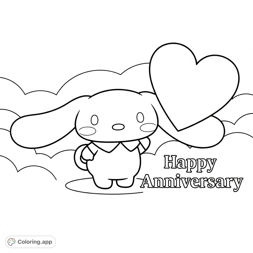 Celebrate love with this adorable Cinnamoroll coloring page, featuring the beloved character, a heart, and "Happy Anniversary" text. Perfect for a thoughtful, personalized gift.