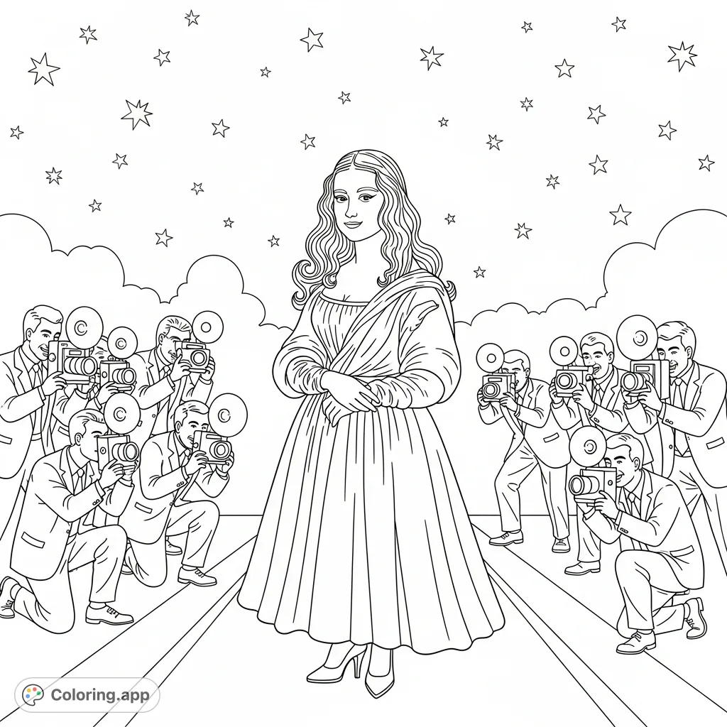 Mona Lisa reimagined as a glamorous 1950s Hollywood starlet poses on a grand carpet, surrounded by paparazzi under a star-filled sky. An iconic transformation.