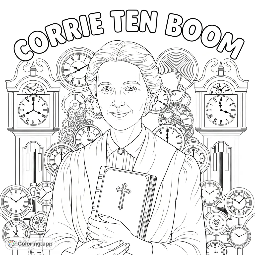 A heartwarming Corrie Ten Boom coloring page featuring her smiling, holding a Bible, amidst intricate clocks and her name in bubble letters. Inspire faith and resilience.