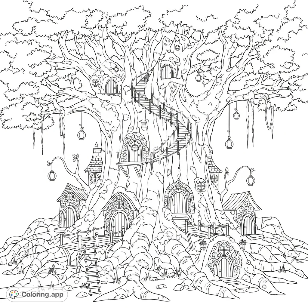 Discover a magical ancient tree village, home to charming fairy dwellings nestled in its colossal trunk and roots, with whimsical paths and intricate details waiting for your artistic touch.