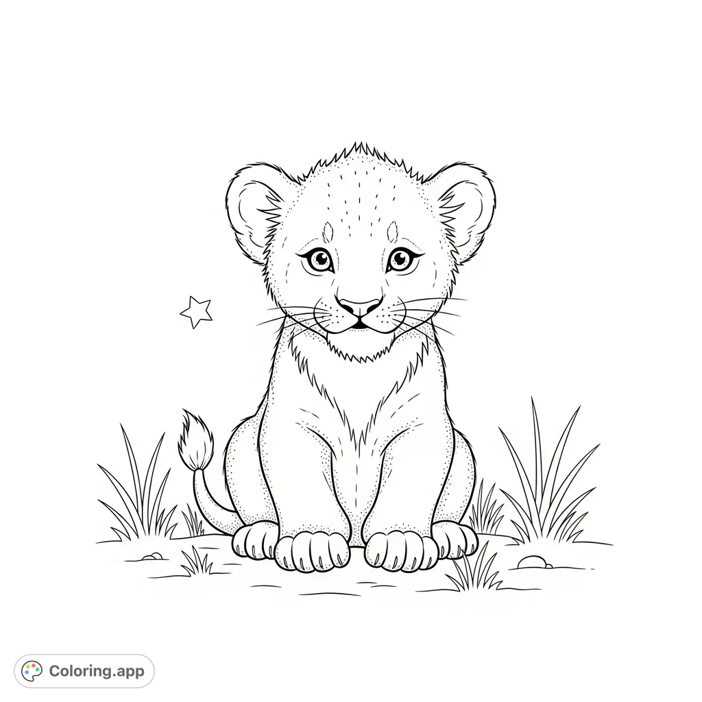 A delicate baby lion cub with a small mane, surrounded by savanna grasses and a star. Perfect for a baby shower or nursery theme coloring page.