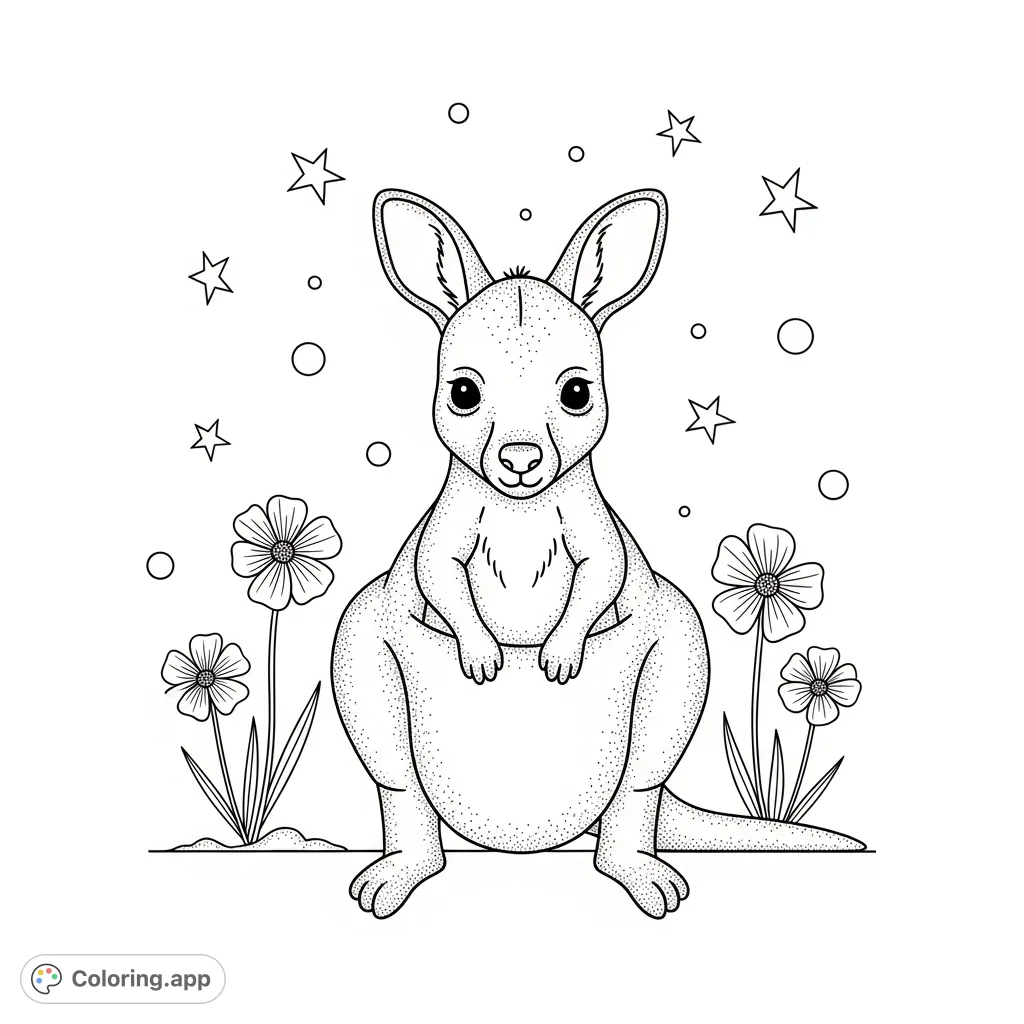 A heartwarming baby kangaroo joey coloring page featuring a cute joey in its pouch, surrounded by desert flowers and whimsical sparkles. Perfect for baby shower themes.