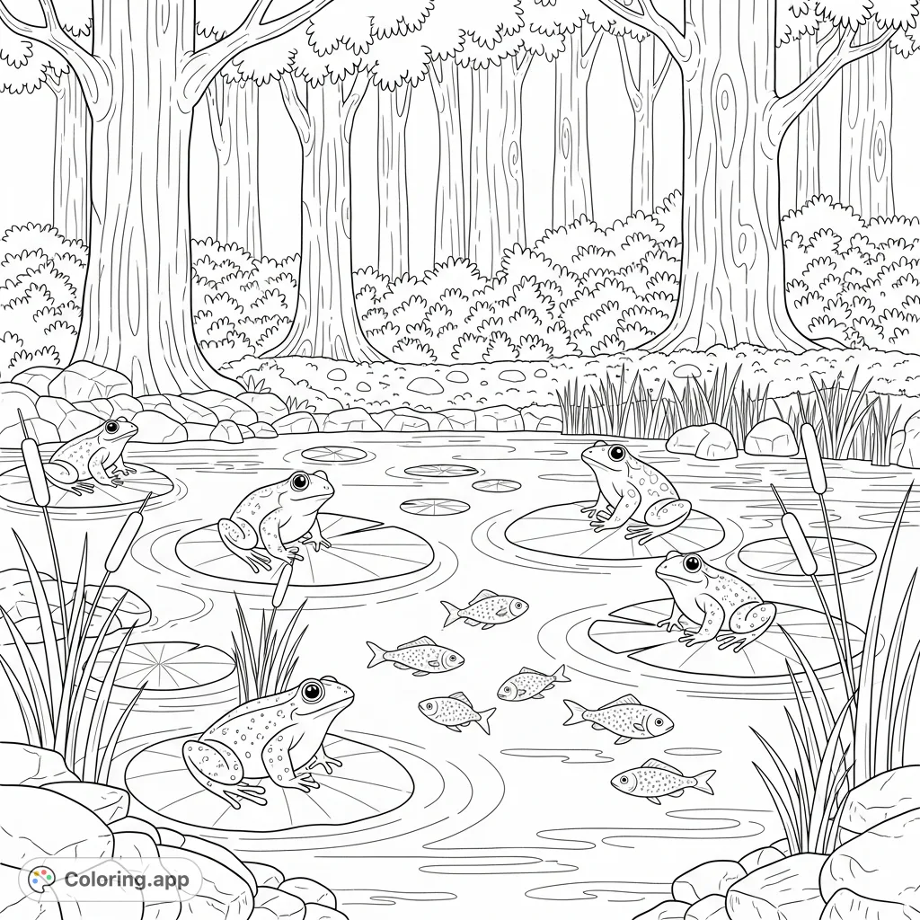 Discover a serene forest pond alive with playful frogs on lily pads and tiny fish swimming amongst reeds. A delightful nature scene perfect for a forest pond coloring page.