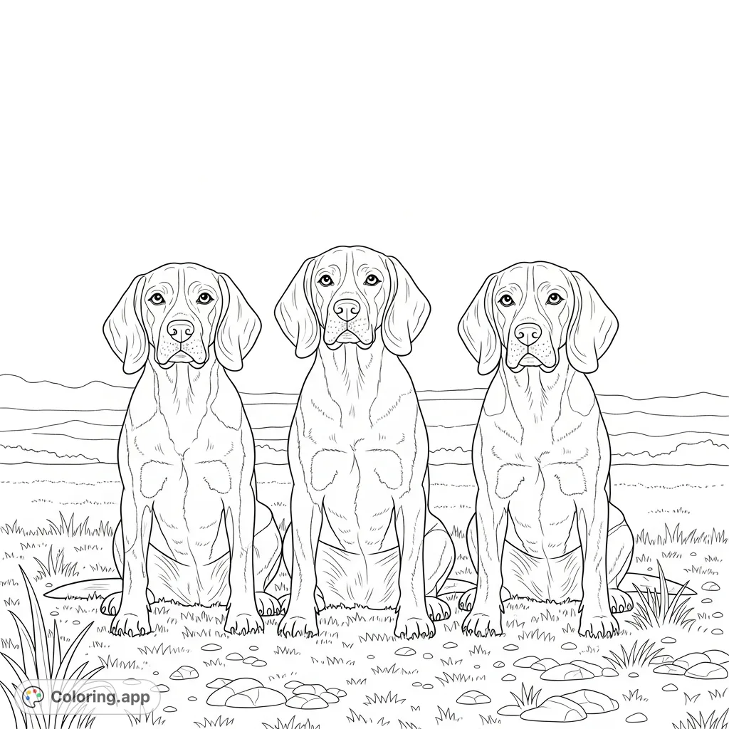 Discover three charming Beagle labs sitting patiently. A delightful free printable Beagle lab coloring page perfect for pet lovers and a relaxing creative escape.