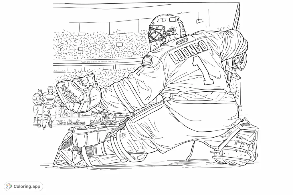 Capture the intensity of a hockey game with this goalie making a crucial save. Detail the protective gear and dynamic pose against the rink and stadium backdrop.
