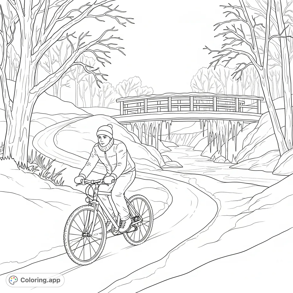 An adventurous bike rider navigates a serene snowy path, approaching a detailed icy bridge. Perfect for winter enthusiasts and those who love dynamic outdoor scenes.