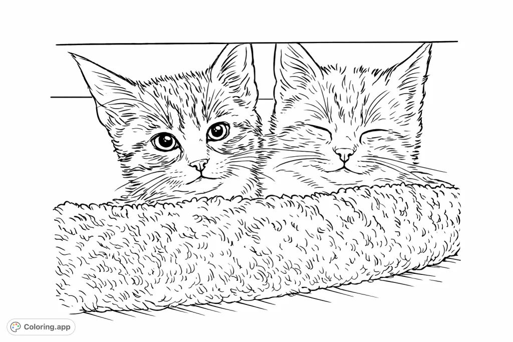 Two adorable kittens nestled in a soft bed, one awake and curious, the other peacefully slumbering. A delightful scene for animal lovers of all ages.