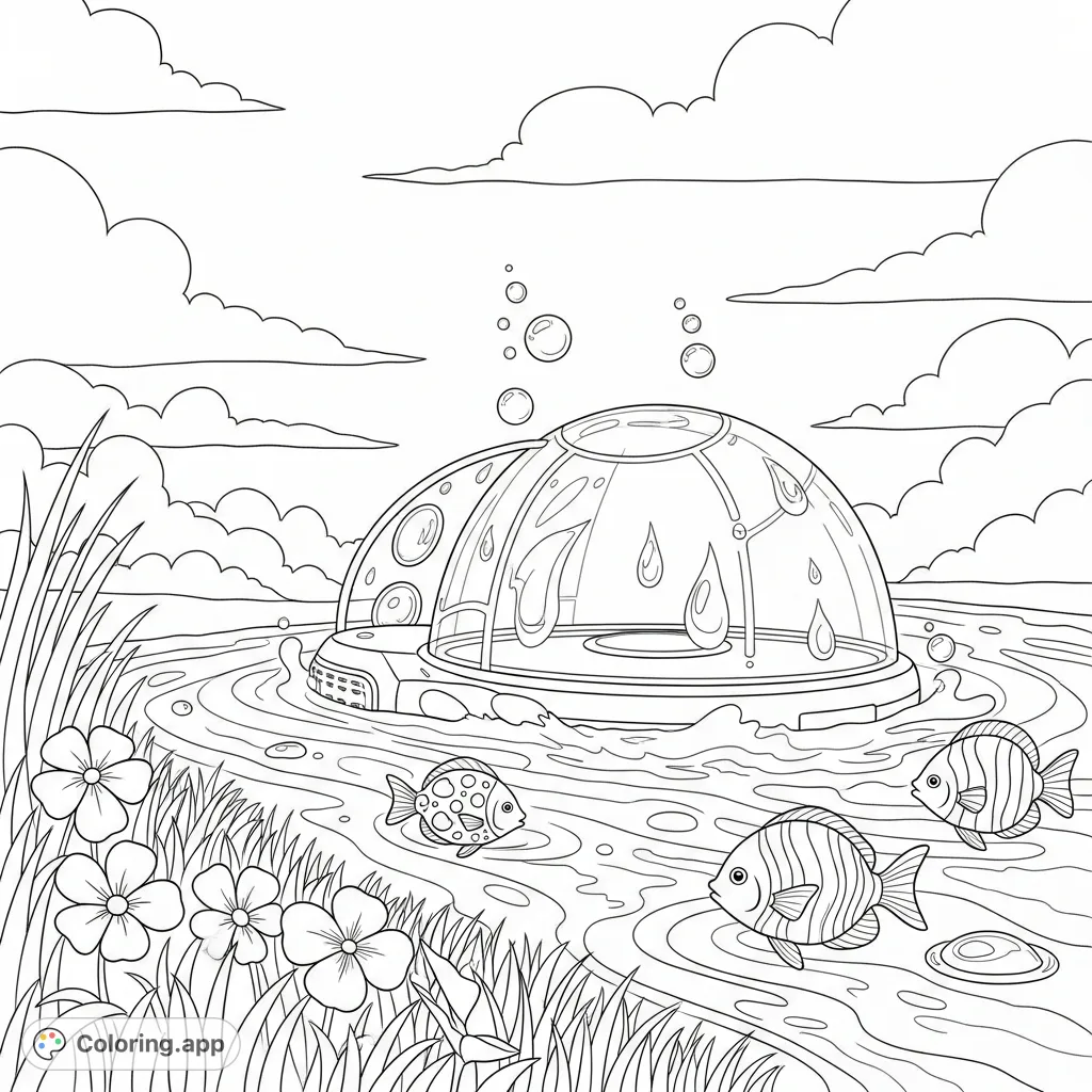 Immerse yourself in a Frutiger Aero coloring page. Features glassy tech, flowing water, lush grass, tropical fish, and bubbles for a nostalgic, optimistic future.