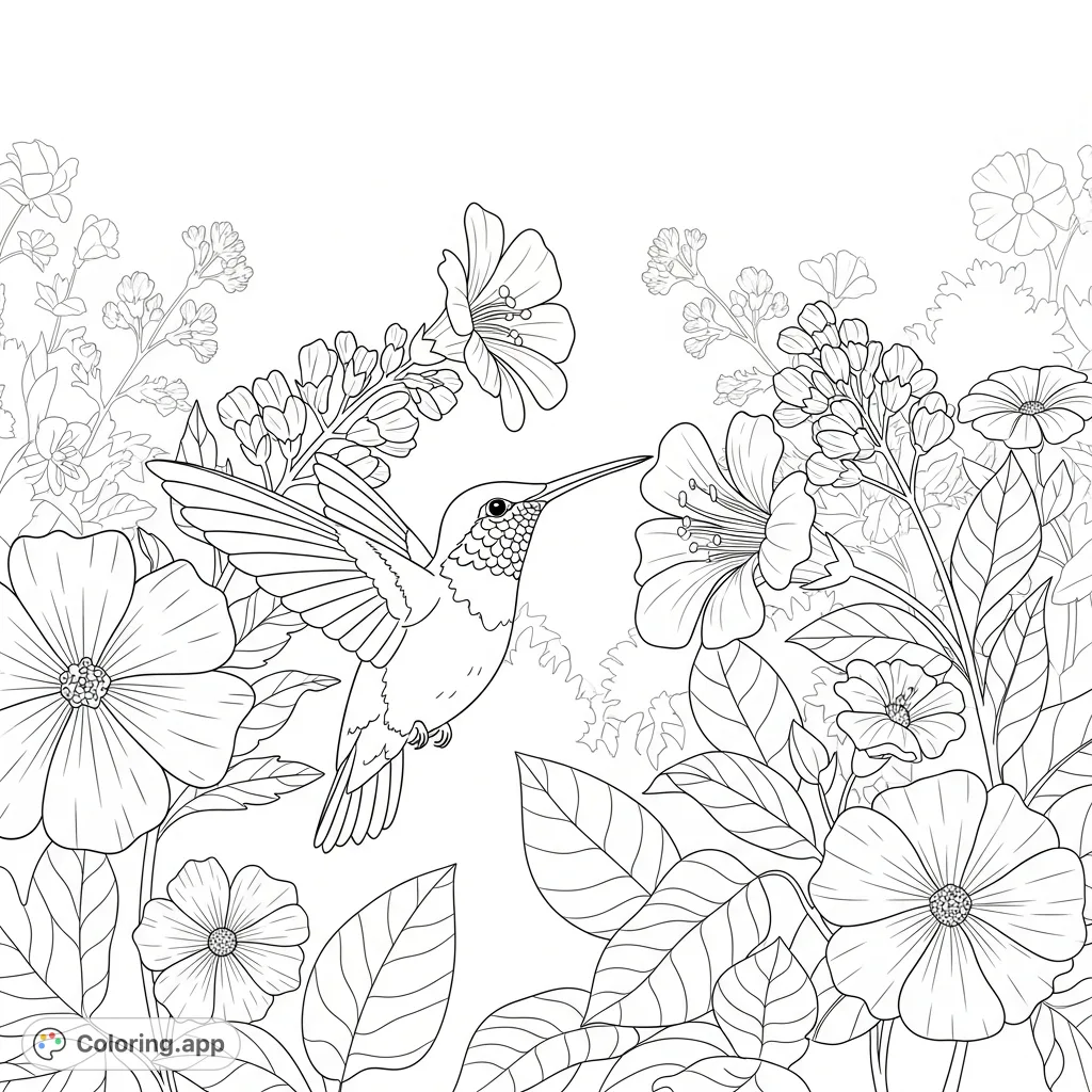 A graceful hummingbird hovers amidst a vibrant butterfly garden, surrounded by an array of intricately blooming flowers, ready for your artistic touch.