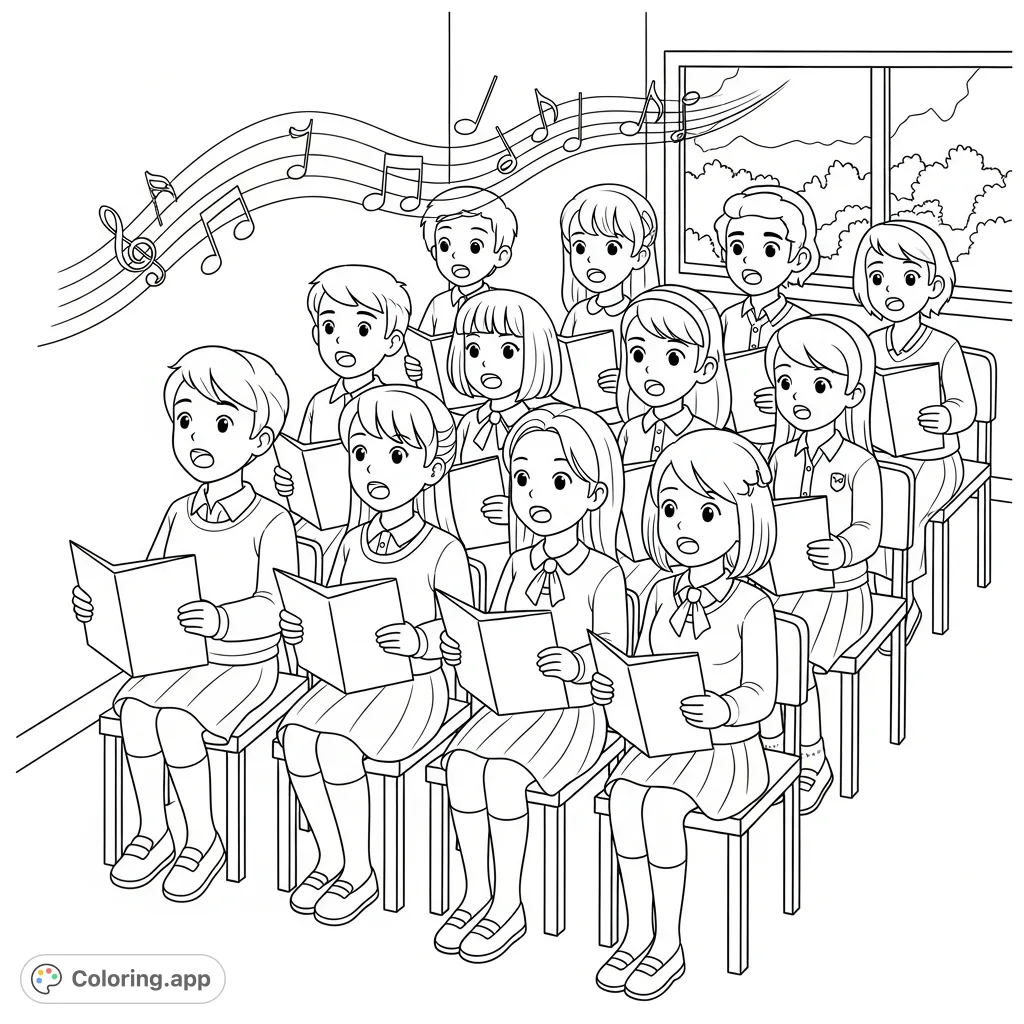 A lively singing class coloring page featuring students seated on chairs, singing with enthusiasm. Perfect for music lovers and aspiring vocalists, offering a joyous scene.