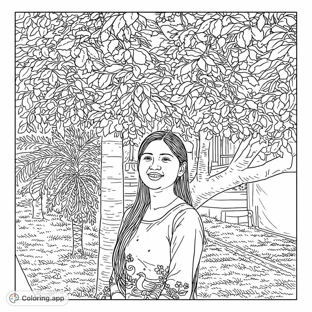 A charming coloring page featuring a smiling woman in a serene garden. Ideal for personalizing with creative patterns and natural surroundings. Free printable.