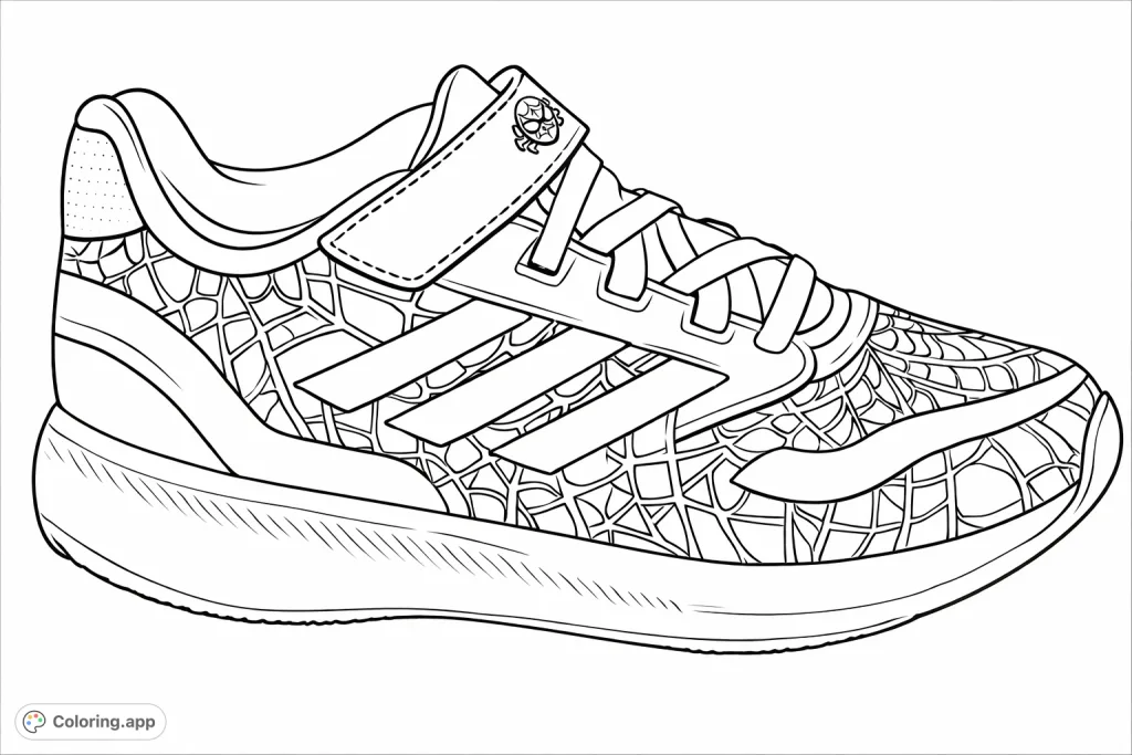 Unleash your creativity with this superhero-themed sneaker coloring page, featuring a detailed spiderweb pattern and bold design elements.